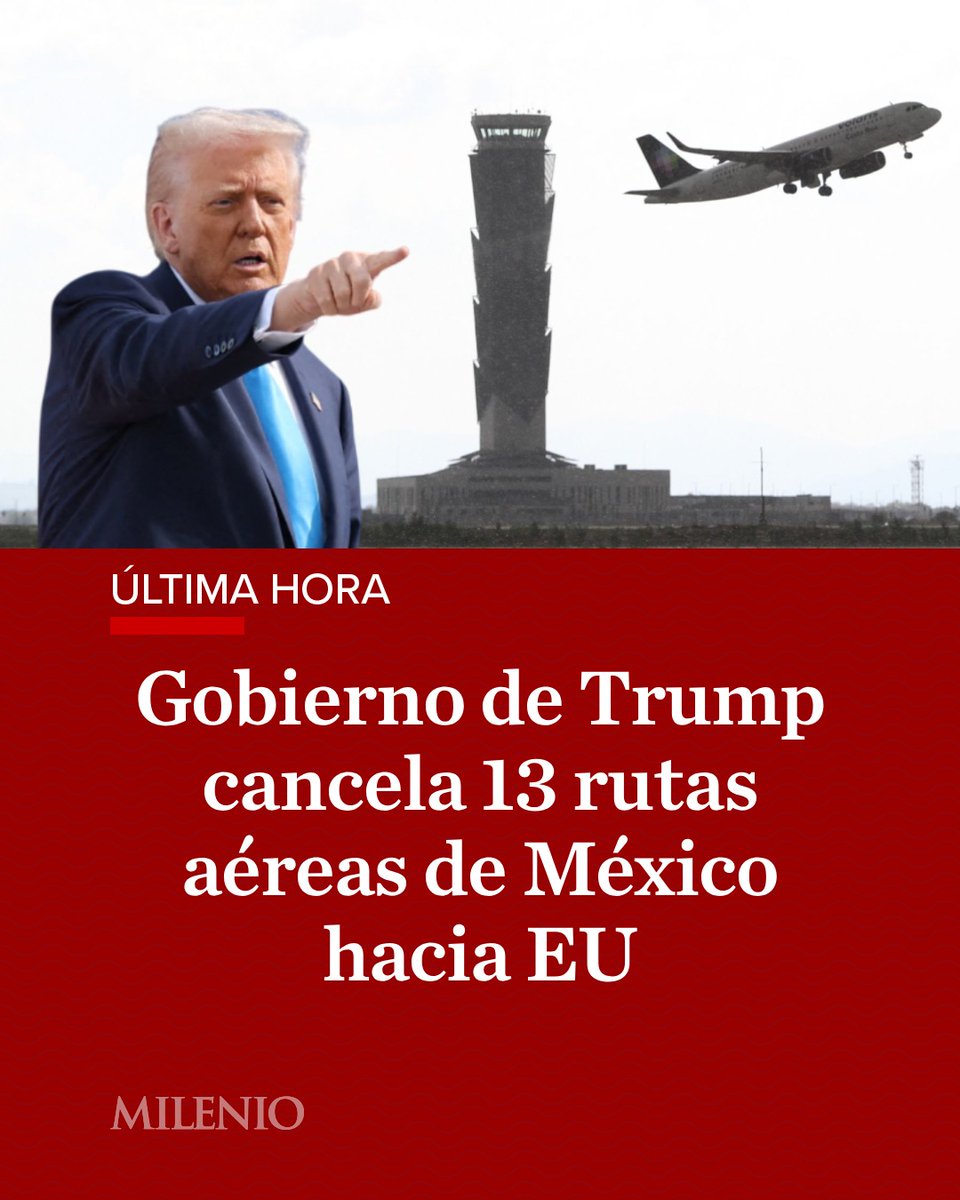 Milenio's tweet photo. 🚨 #ÚLTIMAHORA | El Departamento de Transporte de Estados Unidos informó el martes 28 de octubre que ha revocado la aprobación de 13 rutas actuales o planeadas de aerolíneas mexicanas hacia Estados Unidos. 

Además, canceló tentativamente todos los vuelos combinados de pasajeros y carga de aerolíneas mexicanas hacia Estados Unidos desde el Aeropuerto Internacional Felipe Ángeles.

La orden del secretario de Transporte, Sean Duffy, cancela los vuelos actuales o previstos de Aeroméxico, Volaris y Viva Aerobus.

Además congela el crecimiento de los servicios combinados de pasajeros y carga, conocidos como belly cargo de las aerolíneas mexicanas entre Estados Unidos y el Aeropuerto Internacional Benito Juárez (AICM).

🔴 Aquí toda la información para compartir https://t.co/aFfRC1xNmw

📷: Reuters / Cuartoscuro

#Milenio #MilenioInforma #AICM #AIFA #Trump