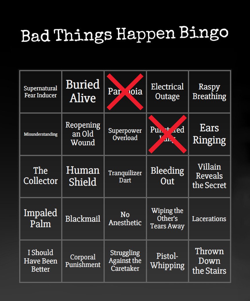 The BatFam hyperfixation is now officially down on paper... here's my second Bad Things Happen Bingo Card fic! Featuring Jason, Tim, Bruce, and the punctured lung prompt... inspired by the Buffy episode when Spike first appears! ;)

archiveofourown.org/works/73297681

#DC #JasonTodd #BTHB