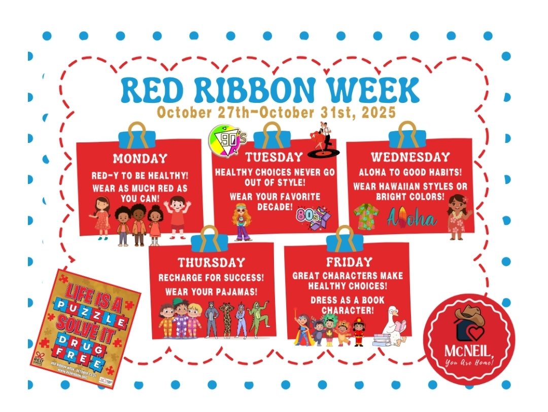 🎀 Red Ribbon Week 🎀 
Healthy Choices Never Go Out of Style! Wear Your Favorite Decade! <a href="/McNeilElem/">McNeil Elementary</a>