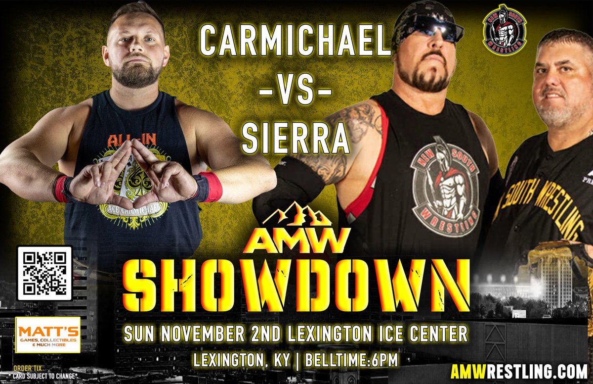 AMWprowrestling's tweet photo. 🚨 MATCH ALERT🚨

THIS SUNDAY we have another #banger  to add to an already stacked card !

💥The New South Wrestling Champion Stan Sierra with President Tony Presley in his corner is set to defend against one of the hottest up and coming wrestlers in Kentucky, Ace Carmichael 

⚡️Several months ago these two clashed in one heck of a match in Irvine now they go at it again!

Can Ace ♠️pull out the win? 

💥Or will Stan reign supreme again! 

Only one way to know BE THERE!

🎫Get your tickets now here: 🎫

https://t.co/2Dt3e2IviH

🚨ONLY 10 VIP TICKETS REMAIN🚨

#AMW #amwshowdown #lexingtonky #NewSouth #wrestling