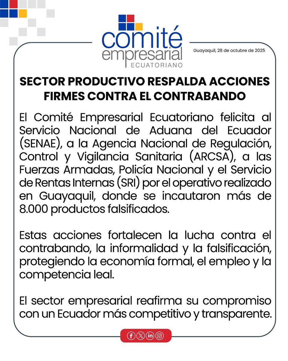 #ComunicadoCEE | Sector productivo respalda acciones firmes contra el contrabando