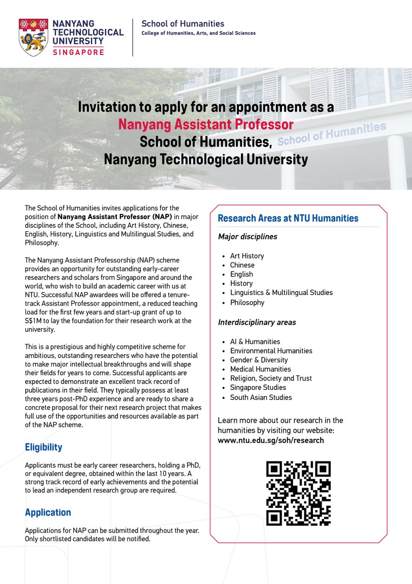 💼New PhDs/Postdocs: NTU Singapore is hiring early-career researchers in the Humanities!
📷 Fields incl. Art History, Chinese, English, History, Linguistics, Philosophy &amp;  more
📷ntu.edu.sg/soh/research/n…