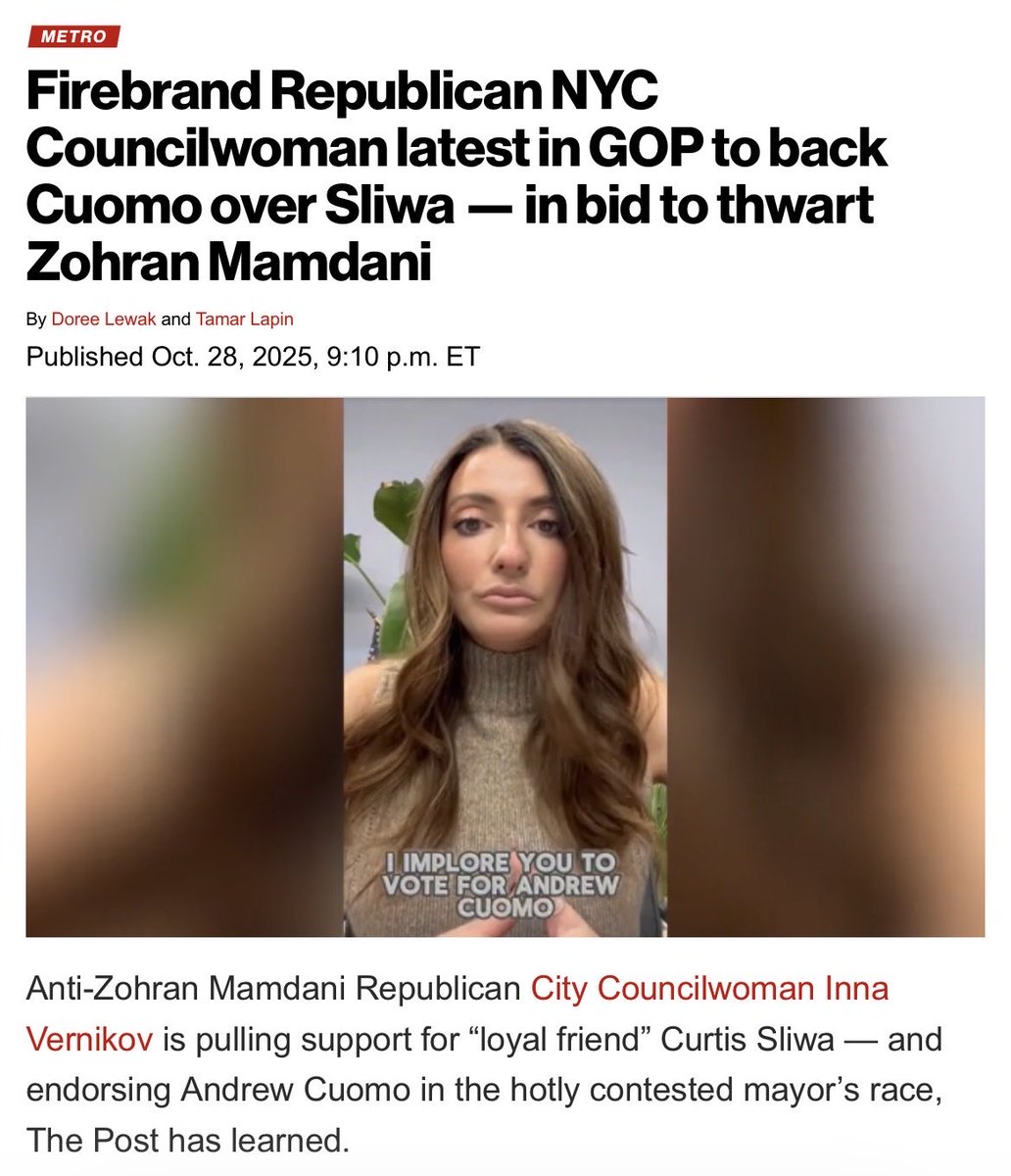 BenjaminBadejo's tweet image. HUGE: Republican. NYC City Council Member Inna Vernikov backs Andrew Cuomo’s bid to beat Zohran Mamdani, saying that Mamdani is an existential threat and that only Cuomo can beat him.