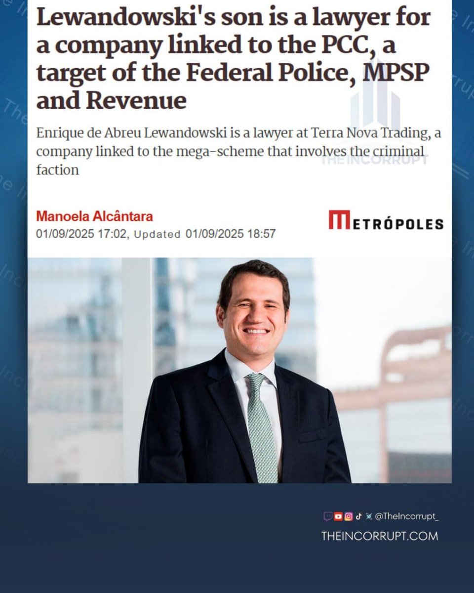 🚨 Breaking — September 1st, 2025:

The son of Brazil’s Supreme Court Justice Ricardo Lewandowski is reportedly representing a company linked to the PCC, one of the country’s largest criminal organizations — a target of recent operations by the Federal Police, São Paulo’s Public