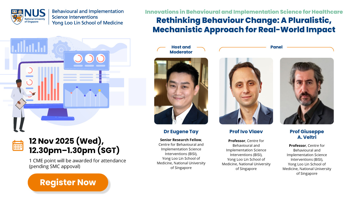 Ever wondered why some behaviour change interventions work in one setting but not another?

Behavioural pluralism—a multi-theory approach—helps design interventions that work across contexts.

📅 12 Nov, 12.30–1.30pm (SGT)
🔗 nus-sg.zoom.us/webinar/regist…

#NUSBISI #BehaviourChange