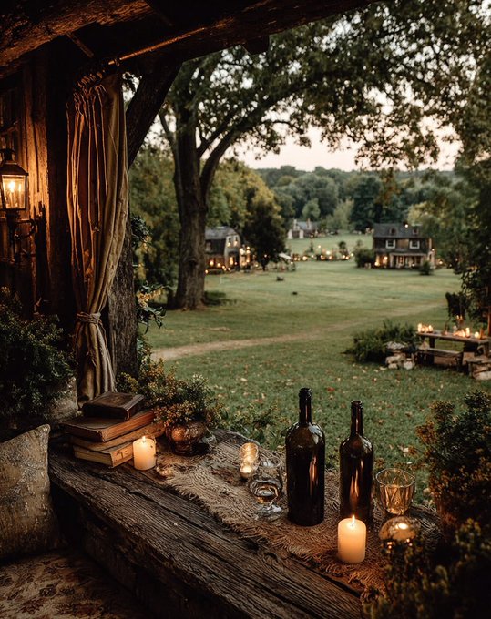 A wooden bench sits on a rustic porch framed by wooden beams and hanging curtains, with a view extending to a green field and distant trees under a twilight sky. Stacked books, potted plants, glass bottles, and lit candles are arranged on a cloth-covered surface atop the bench. Small cottages with illuminated windows dot the landscape in the background, connected by a winding path. Vintage lanterns hang nearby, adding warm light to the serene outdoor setting.