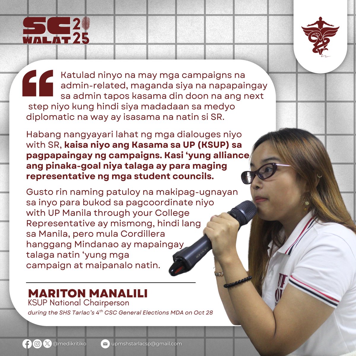 HIGHLIGHT | Kasama sa UP (KSUP) National Chairperson Mariton Manalili affirmed the alliance’s support for the campaigns and initiatives that the 4th Campus Student Council will implement during its term. 

#SCwalat2025
#4thCSCGenElex