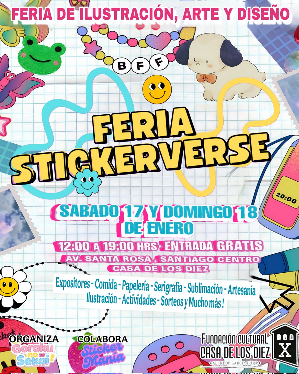 kukitax_x's tweet photo. 🎨 ¡Llega la Feria Stickerverse! 🎨
Un espacio lleno de ilustración, arte y diseño 
📅 Sábado 17 y Domingo 18 de enero
🕛 De 12:00 a 19:00 hrs
📍 Casa de los Diez – Av. Santa Rosa, Santiago Centro
🎟️ Entrada gratis

#FeriaStickerverse #CasaDeLosDiez #ArteYDiseño #StickerMania https://t.co/Bx1xbS5XPR