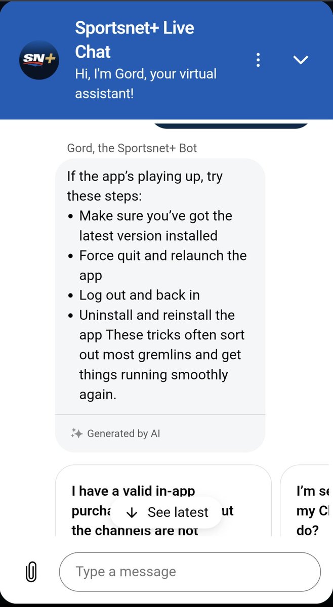 leafs250's tweet photo. Total app failure in the middle of the first world series appearance since '93. Troubleshooting? No, a completely incompetent AI chat bot that doesn't even pretend to have solutions. Sportsnet is an awful, awful company and Canada deserves better. I want my money back. https://t.co/Au8lVuWLVE