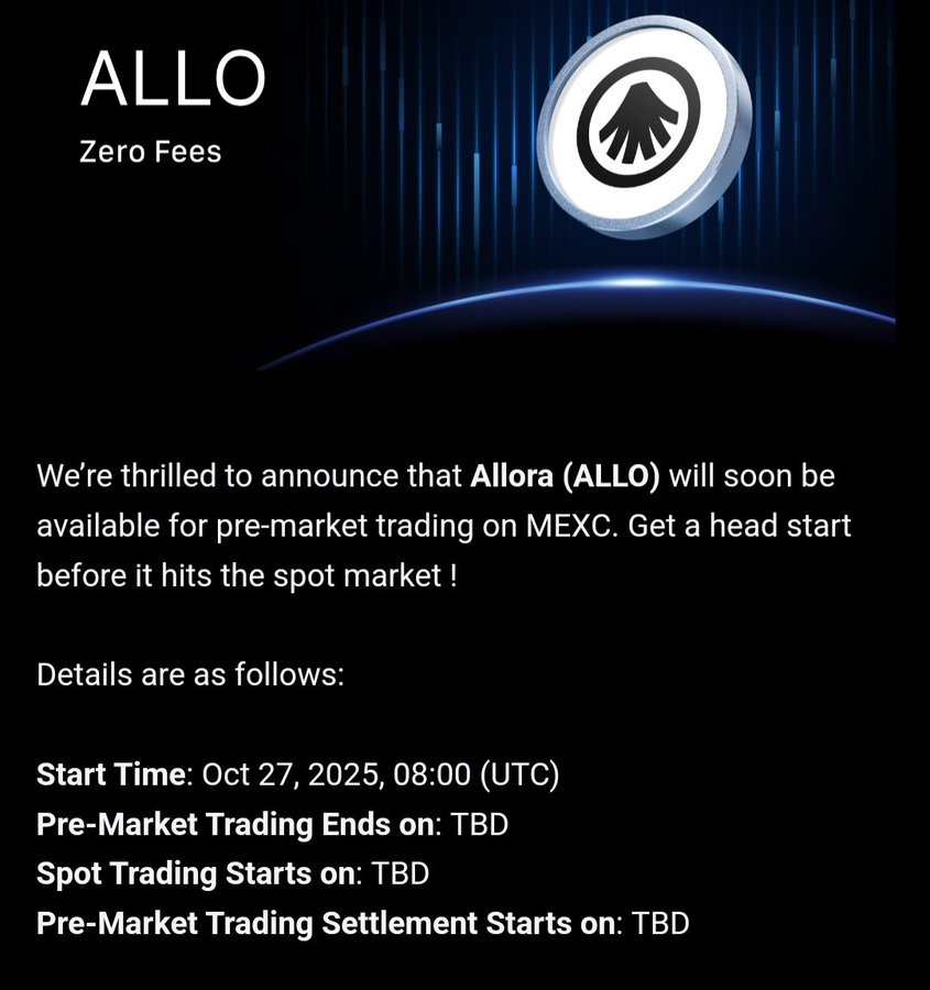saeng2e's tweet photo. <밀당의 귀재 알로라.. TGE 연기..?>
@AlloraNetwork 
밀당의 귀재인 우리 알로라가 기존에 예정되어 있었던 10월 29일 오후 5시에서 연기된 것 같습니다.

일단 Mexc의 Pre Market Tradding Ends ON이 TBD로 바뀌었습니다.

TBD는 다들 아시겠지만 To Be Decided의 약자로 미정입니다.

그럼에도 프리마켓이 상장되었을 때 그 프로젝트가 근시일내로 TGE 했던건 자명한 사실이기 때문에 무조건 끝까지 챙겨보시길 추천드리겠습니다!
저는 Loud 때부터 다져진 단기 야핑의 짬바로 TGE 전까지 한번 마인드쉐어 올릴수 있을 만큼 올려보겠습니다.

어제자 3만 조회수와 1100개의 댓글을 달면서 상호작용 했습니다.

제 게시글에 상호작용 해주신 분들과 피드에 있는 모든 알로라 글에 상호작용 중에있습니다.

인게이징 하나 만큼은 지금 상당히 상위권에 있다고 생각하는데 생각보다 마인드쉐어 등수는 쉽게 안오르네요

누가 이기나 보자 알로라야 끝까지 열심히 달려보겠습니다.
