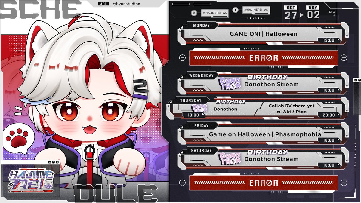 HajimeRei_AS's tweet photo. 【 Rei Schedule 】27 OCT -   02 NOV 🎮🧬

สตรีมเยอะเป็นปกตินะ🎉🎊 

🧬Youtube: https://t.co/5LaMsBeSAy
🎮DESIGN : @ punyamai_ 
🎮ART : @ byunstudiox https://t.co/ycGiGa89XA