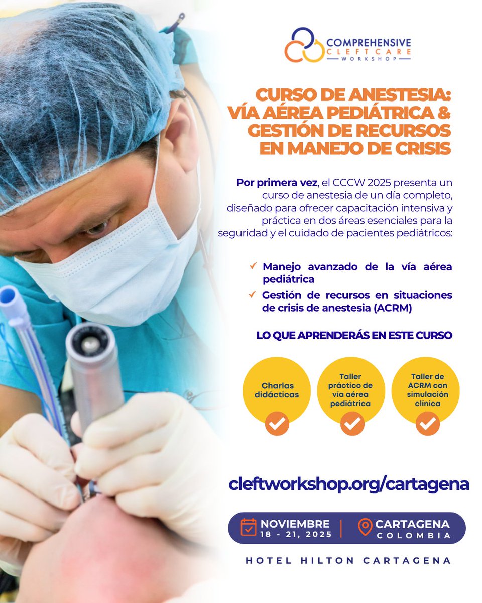 CCCWorkshops's tweet image. ¿Listo para perfeccionar tu práctica? En el CCCW Cartagena 2025 podrás participar en tres talleres exclusivos ¡No te pierdas la oportunidad de aprender de los mejores y llevar tu práctica al siguiente nivel!
#CCCW2025 #Cartagena2025 #CleftCare