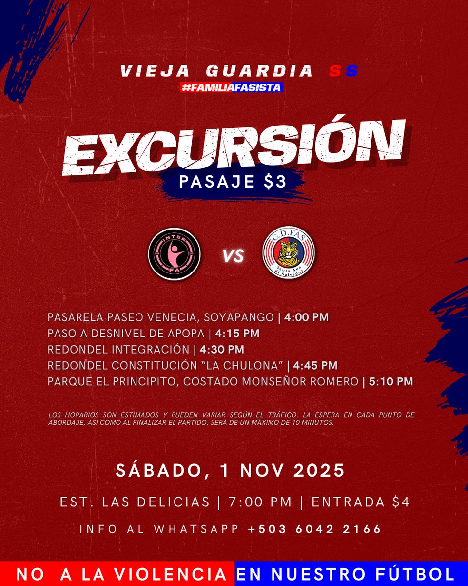 🥁💥 Este sábado todos con la Vieja Guardia SS rumbo a Las Delicias 💪

Un viaje con sabor a hermandad, alegría y puro sentimiento FASista 🔴🔵

#FamiliaFASista #NoALaViolenciaEnNuestroFutbol #FAS