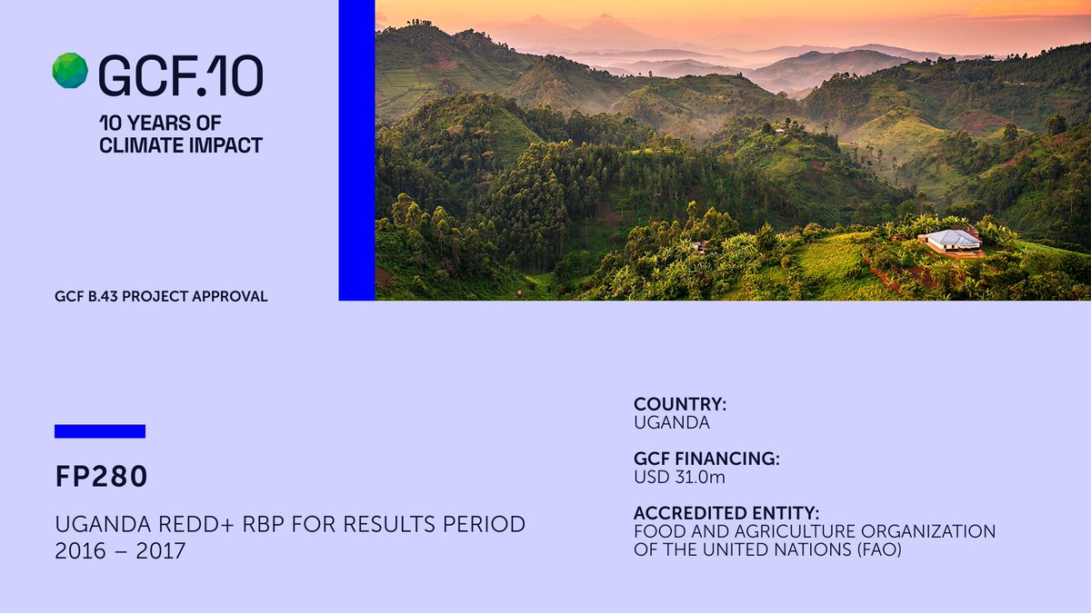 theGCF's tweet image. GCF Board #GCFB43 approved #mitigation project FP280 with @FAO for REDD+ results-based payments to Uganda for their 2016-2017 reforestation efforts. The proceeds will be reinvested in the implementation of Uganda&apos;s REDD+ Strategy and Action Plan. gcf.co/fp280