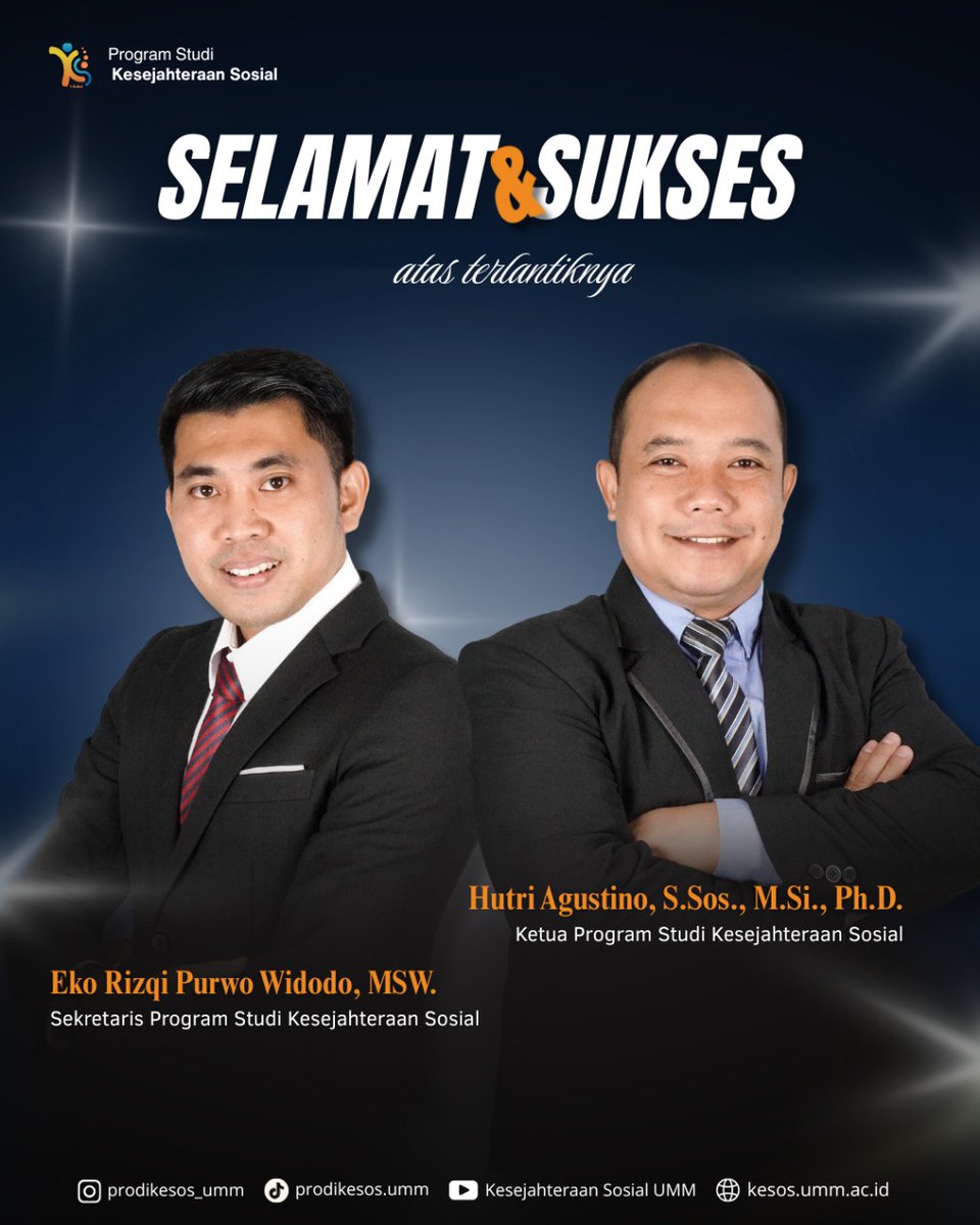 prodikesos_umm's tweet photo. Selamat dan sukses atas dilantiknya
Hutri Agustino, Ph.D sebagai Kepala Program Studi Kesejahteraan Sosial dan Eko Rizqi Purwo Widodo, MSW sebagai Sekertaris Program Studi Kesejahteraan Sosial Masa Bakti 2025–2029.
#KesejahteraanSosial
#kesos
#fisip
#fisipumm
#umm
#ipspi https://t.co/aMPjqkMvQu