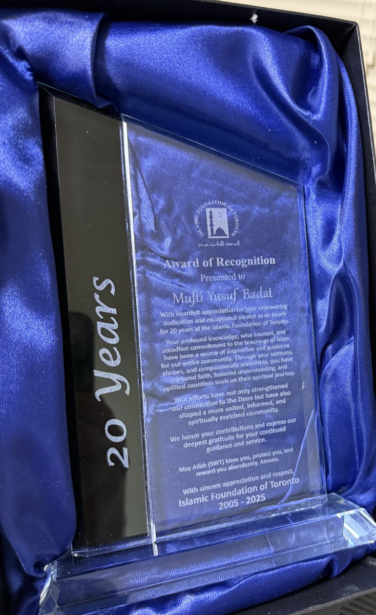 All praise to Allāh, the Almighty, last Sunday, I was truly surprised, honoured and equally humbled to receive an award of recognition from the Islamic Foundation of Toronto Board for completing 20 years of service as Imam at the Islamic Foundation of Toronto, the longest-serving