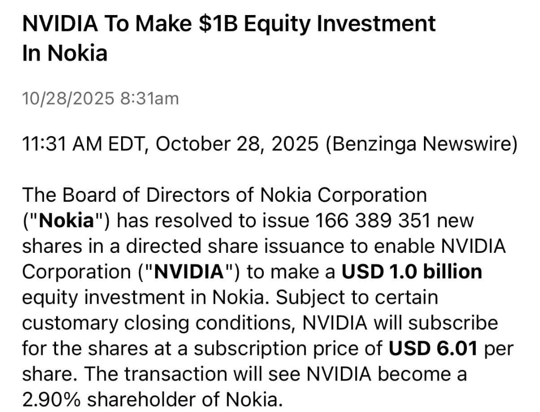 MacroStrats's tweet image. What? 

$NVDA: Jensen Huang is practically a corporate necromancer. He resurrects entire companies.  

$NOK, the stock of Nokia, a company I know but thought was dead, is up 17% as of 10/28/2025.

😂