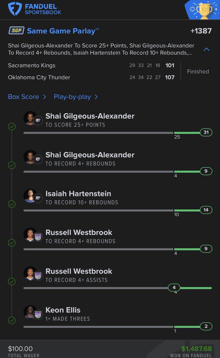 CASH THE THUNDER v KINGS SLIP (+1387) 💰

This was probably one of my favorite games to be on tonight and them boys came to hoop and cashed us out ✊🏾

We not done yet, come tap in while you can! dubclub.win/guapzay