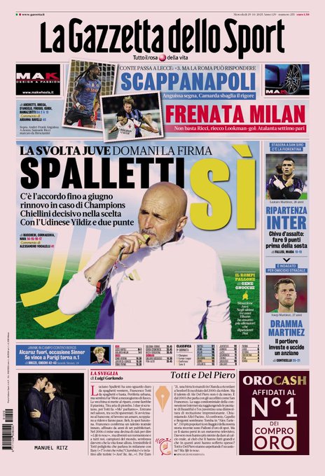 Front Page La Gazzetta dello Sport, Wednesday 29 October 2025