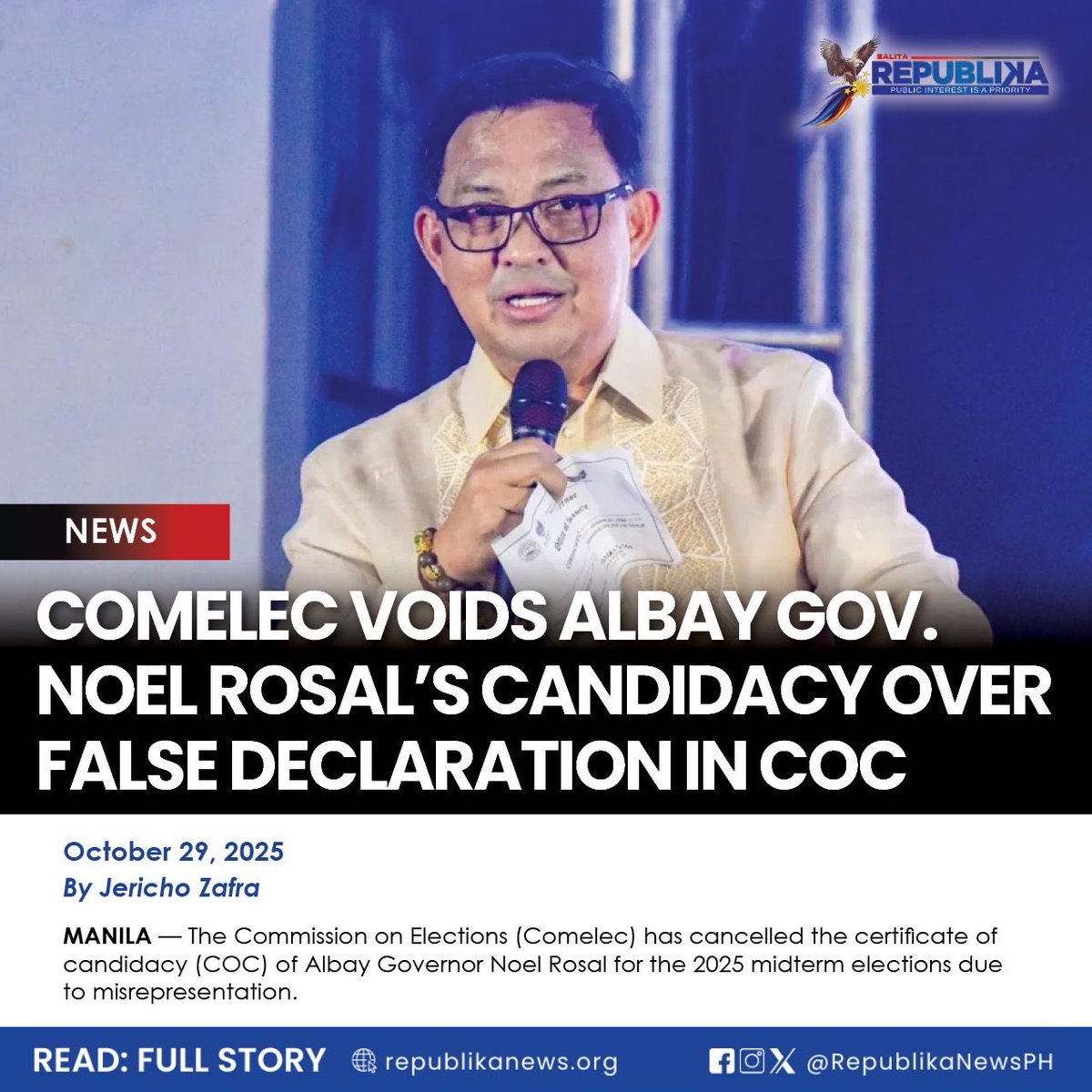 RepublikaNewsPH's tweet image. In a 12-page decision promulgated by the Comelec Second Division on Oct. 21 and released on Tuesday, the poll body granted the petition filed by Ligao City resident Adrian Loterte seeking to cancel Rosal’s COC. #Comelec #NoelRosal 

READ: republikanews.org/2025/10/29/com…