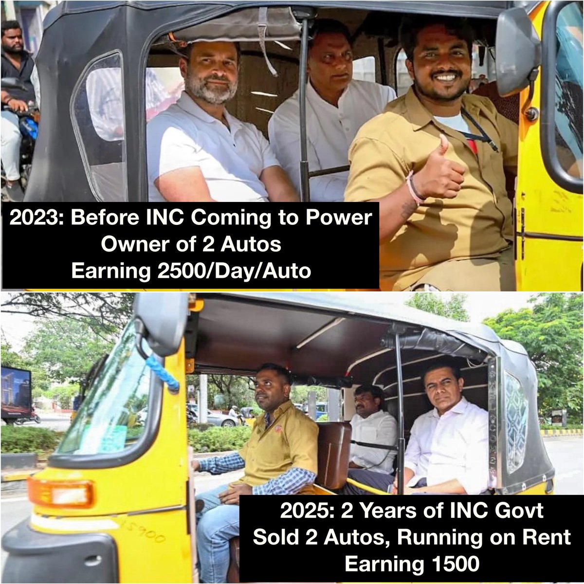 In 2023, Rahul Gandhi travelled in this Auto in Telangana, promising “Change”.

Two years later, that same driver had to sell both his autos &amp; now drives one on rent, earning much less than before.

Talking to <a href="/KTRBRS/">KTR</a>, auto driver Mashrath Ali tells he never imagined both his