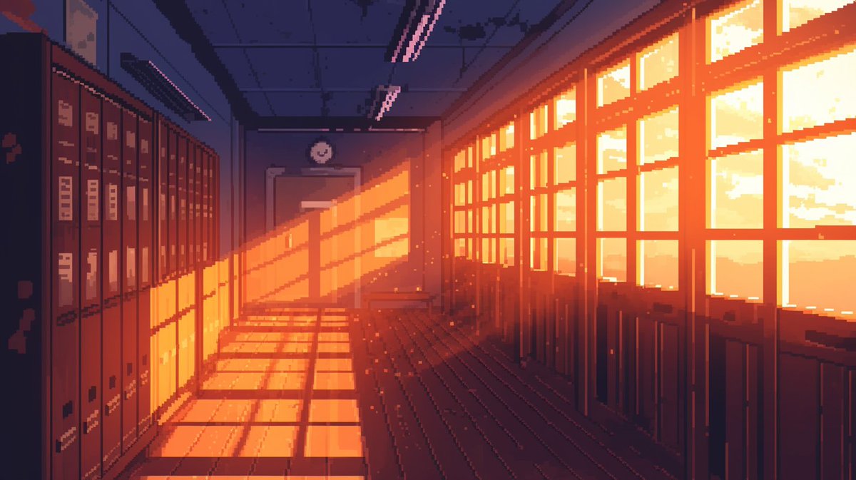 🤍背景無料配布｜16:9

「ピクセルドット風の夕暮れの廊下」

サムネ・配信・TRPG等にぜひどうぞ！
使用報告不要です♡

#まいにちなちゃフリ素 #フリー素材 #背景素材
🤍利用規約：sozaiya-create.booth.pm/items/5511320