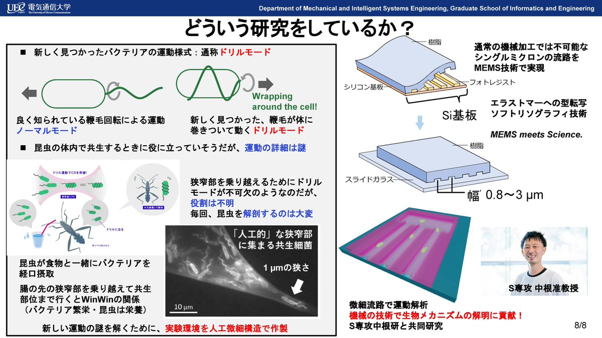 卒研配属の時期ですが、菅研を見学希望の方は、10月24日以降は毎週木・金14：00以降にラボ案内します。菅研@東4-305へどうぞ。居室、実験室、クリーンルームなどご案内します。以下は、S専攻中根研との共同研究。新発見された微生物の運動の解明に、微細流路で取り組む。MEMSでScienceに貢献です。