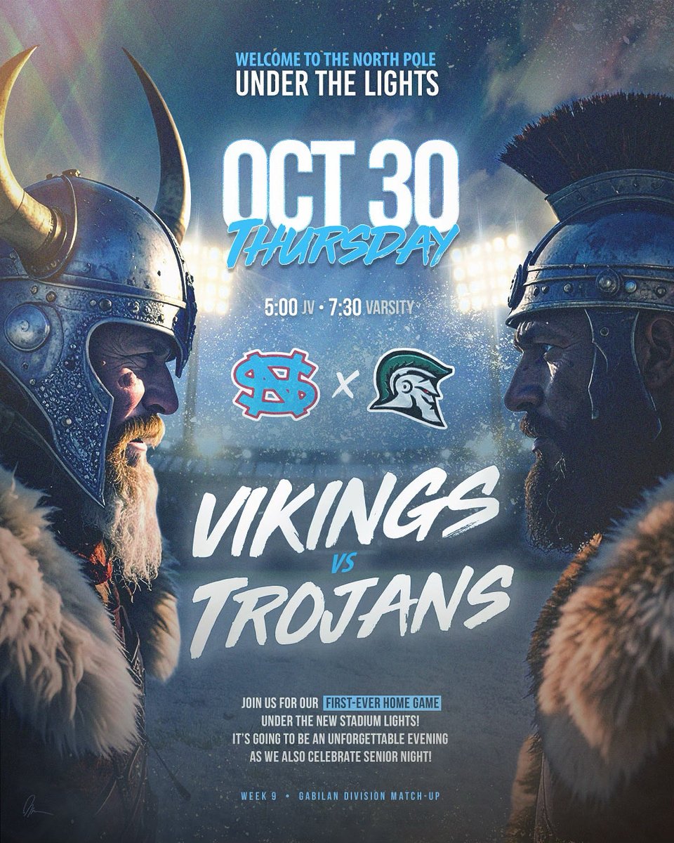 NorthSalinasHS's tweet image. Welcome to the North Pole ❄

Join us for Thursday Night Lights, at our first-ever home game under the new stadium lights, right here at North Salinas High School!

This Thursday, October 30th - Vikings vs. Trojans
JV starts at 5 pm and Varsity starts at 7:30 pm