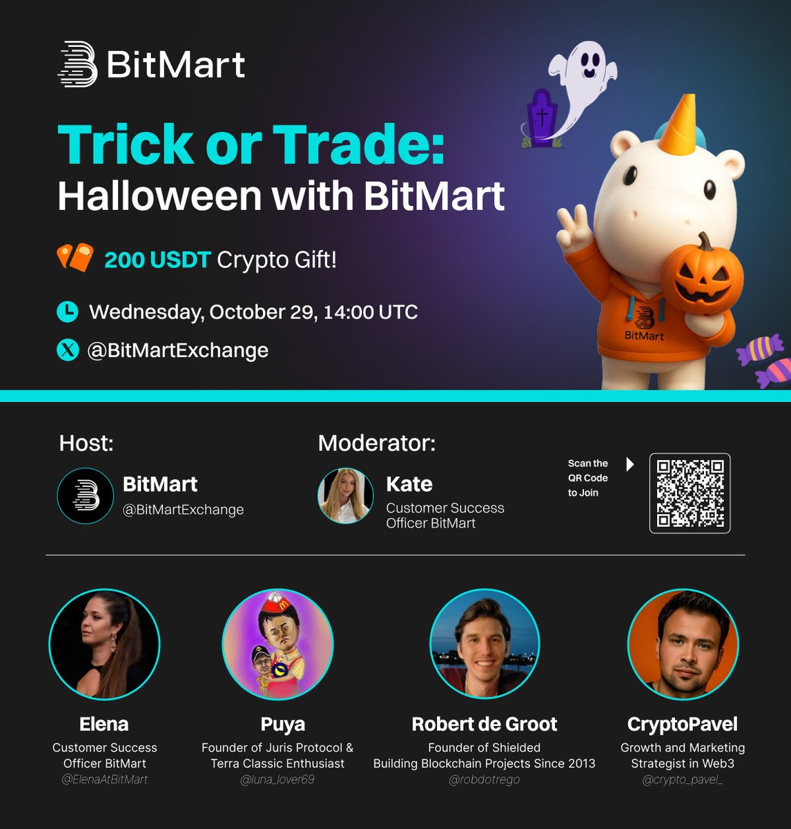 BitMartExchange's tweet image. 🎙️ Join the next BitMart Interview Series:

Trick or Trade — Halloween with BitMart🎃

🧧 200 USDT Crypto Gift — claim yours live!

📅 October 29 | 🕙 14:00 (UTC)
🔗 Set a reminder: 

👩‍💼Moderator: 
Kate @BitMart_Intern 

🎤 Guests:
Elena @ElenaAtBitMart…