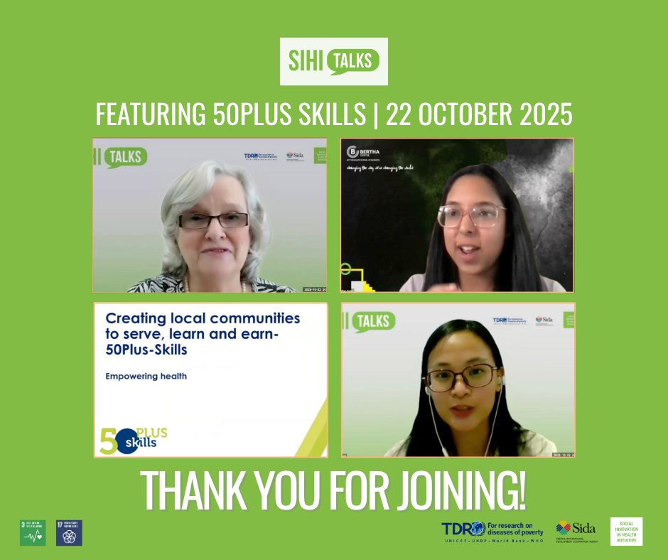 Thank you for joining last week's #SIHITalks with <a href="/50plusskills/">Lynda Smith</a>. A #SocialInnovation we support that empowers individuals aged 50+ to share their expertise for social good.

🔁 Rewatch: bit.ly/3X1pwI4
📺 SIHI Talks playlist: bit.ly/43lqfYZ 

#PartnerForHealth