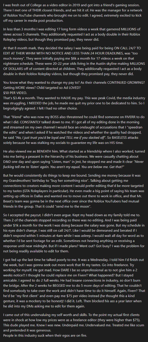 CoreyAether's tweet image. Their combined subcount was over 6 million.

Over half of the videos I edited got over a million views and were kid friendly thus generating EXTREME value.

A FRIEND did this to me.

Sorry for the rant but the drama lately has brought up old nonsense and I needed to type it out.