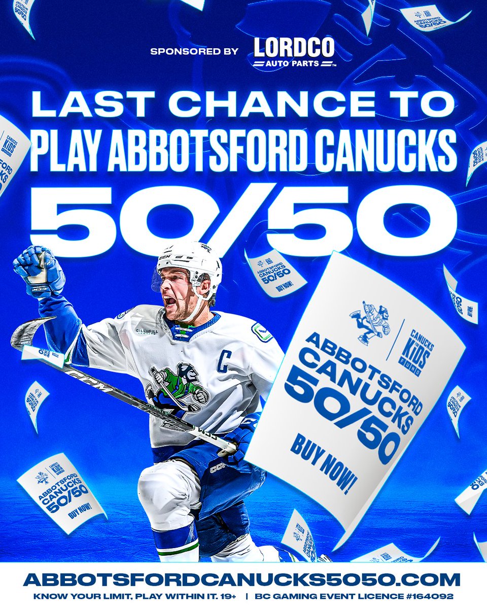 Last chance to get your 50/50 tickets! 🎟

Must be 19+ and located in BC to play.

LAST CHANCE | bit.ly/48CGV0T