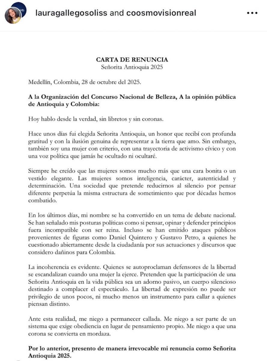 La Señorita Antioquia Laura Gallego renuncia y con respeto le digo. Dar bala no es una postura política.