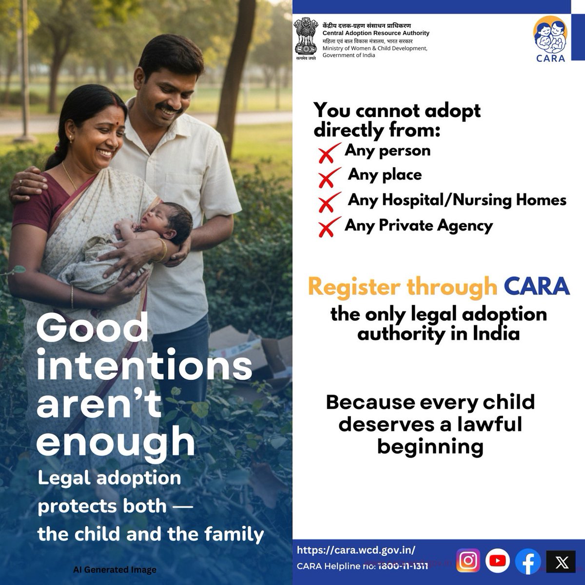 CARAWCD's tweet photo. Every child deserves a family — but only through the right way! Love makes you parents & Law makes you family. ❤️
#LegalAdoption #CARAIndia #AdoptWithLove #AdoptionJourney #AdoptDontShop #Parenthood 
@MinistryWCD @Annapurna4BJP @savitrii4bjp @PIBWCD @PIB_India @MIB_India @mygovindia @NCPCR_ @SPNIWCD_MWCD