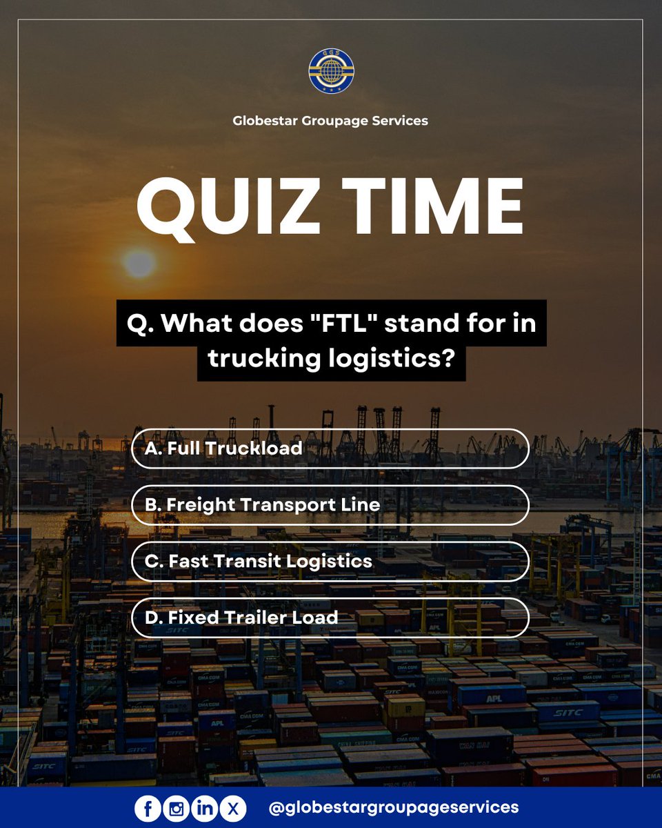 globestartweets's tweet image. Quiz Time!

Think you know your trucking terms? 
Tell us what FTL stand for in trucking logistics?

Drop your answer in the comments below and let’s see who’s got their logistics game strong! 

#GGS #LogisticsQuiz #TruckingFacts #FreightKnowledge #FTL #FullTruckload #SupplyChain