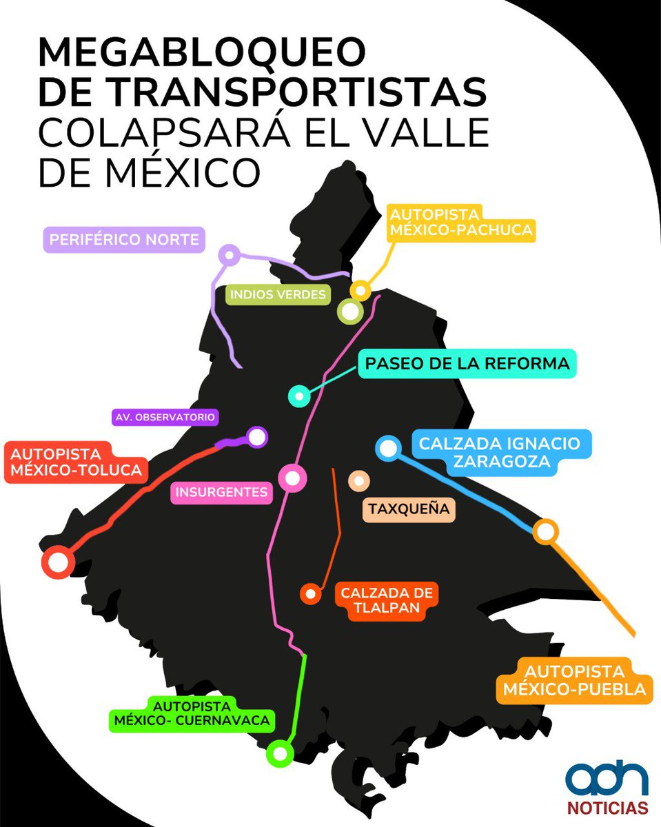 adnnoticiasmx's tweet photo. ¡Atención con los bloqueos!🚨

El Valle de México se verá rodeado de caos por los múltiples bloqueos que pondrán en jaque las principales vialidades‼️
Carreteras de entrada y salida a #CDMX, Tlalpan, Periférico, Insurgentes y Reforma son algunas de las vías que serán afectadas🚧 https://t.co/sl2XyvBTqO