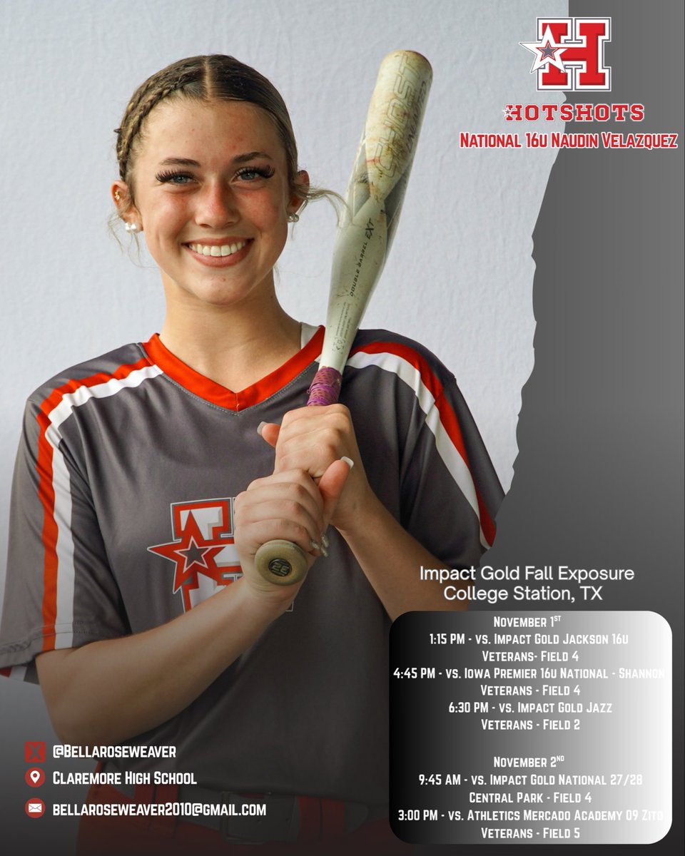 Heading to the Impact Gold Fall Exposure in 📍College Station, TX this weekend! Hope to see you there! Schedule below! ⬇️

@csa_athletes <a href="/ednaudin/">Ed Naudin</a> <a href="/HotshotsNaudin/">Hotshots Naudin</a>
<a href="/LeeVelazquez06/">Lee Velazquez</a> @HSNN14u
#HotshotsNation #HotshotsNaudin