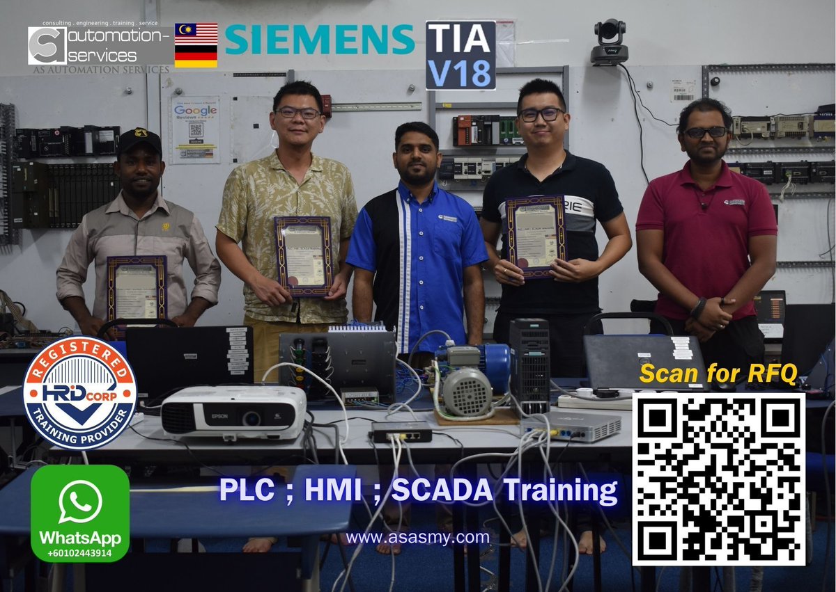 AutomationMy's tweet image. 5 Day #SiemensPLC &amp;amp; #HMITraining at AS Automation Services JB! 3 trainees incl 1 from Papua New Guinea mastered #TIAportalV18 with #S71200 hardware, #KTP400 HMI &amp;amp; #SinamicsG120 drive. Real hardware, real skills! 👉 asasmy.com/request-quotat…
 #PLCTraining