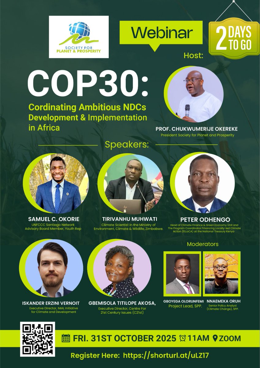 📢 2 days to go — join us! ⏳

🎙️ COP30 — Coordinating Ambitious NDCs Development &amp; Implementation in Africa

🗓 Friday, 31 October 2025

🕒 11:00 AM (GMT+1 — Lagos time)

📍 Zoom

🔗 Register: shorturl.at/uLZ17

We’re bringing together experts, policymakers and