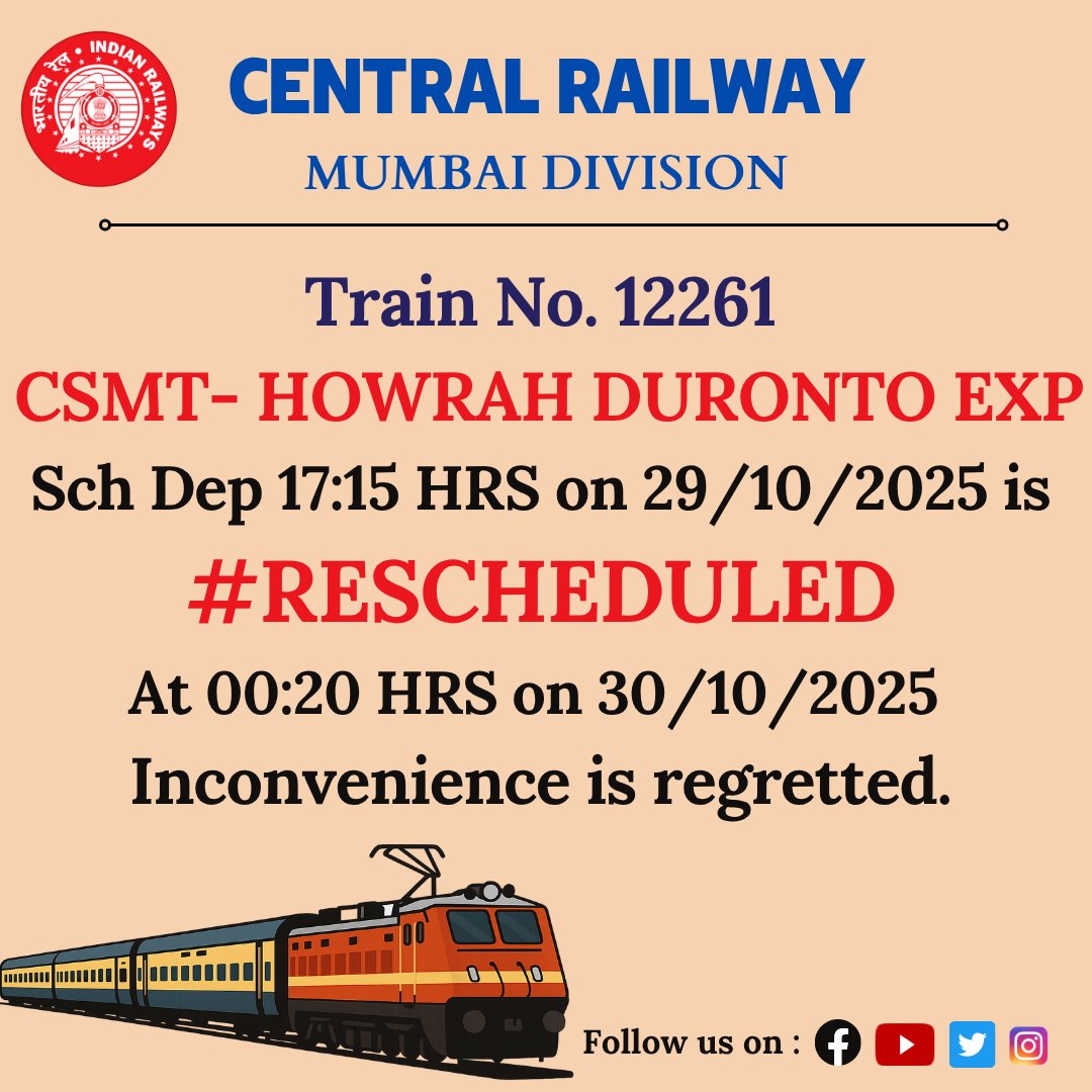 drmmumbaicr's tweet image. #Alert Train No. 12261 CSMT- HOWRAH DURONTO EXP #RESCHEDULED
@Central_Railway
@YatriRailways