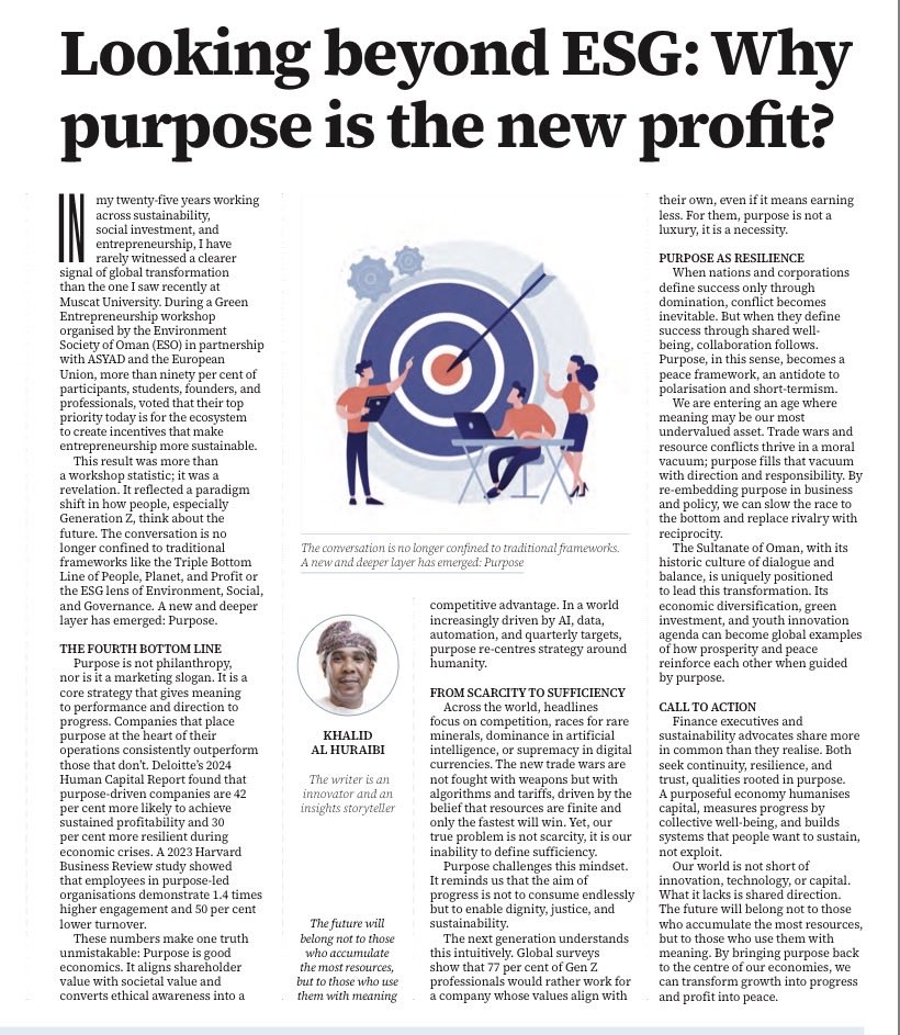 “In a world increasingly obsessed with AI, data, automation &amp; quarterly targets, #purpose recenters strategy around humanity” 
🎧 📰 here: omanobserver.om/article/117885… <a href="/OmanObserver/">Oman Observer 🇴🇲</a>
