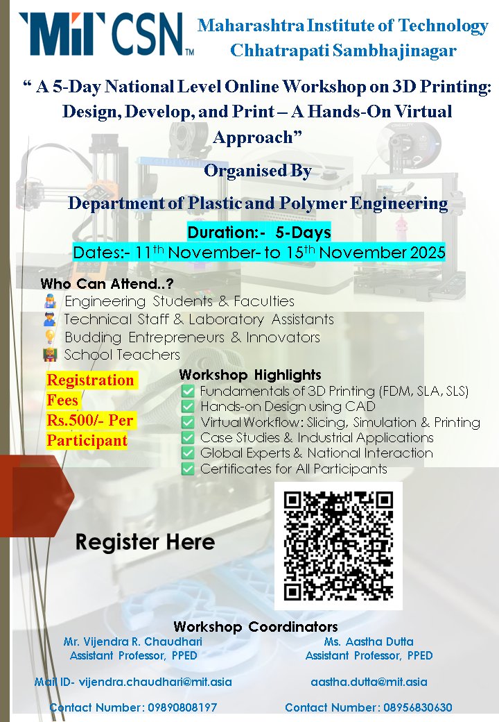 MIT_Updates's tweet image. Participate in this national level workshop and acquire amazing skills at very reasonable cost. 
 
 या राष्ट्रीय स्तरावरील कार्यशाळेत सहभागी व्हा आणि खूप कमी खर्चात अद्भुत कौशल्ये मिळवा.
 
#mit_csn #3dprinting #skilldevelopment