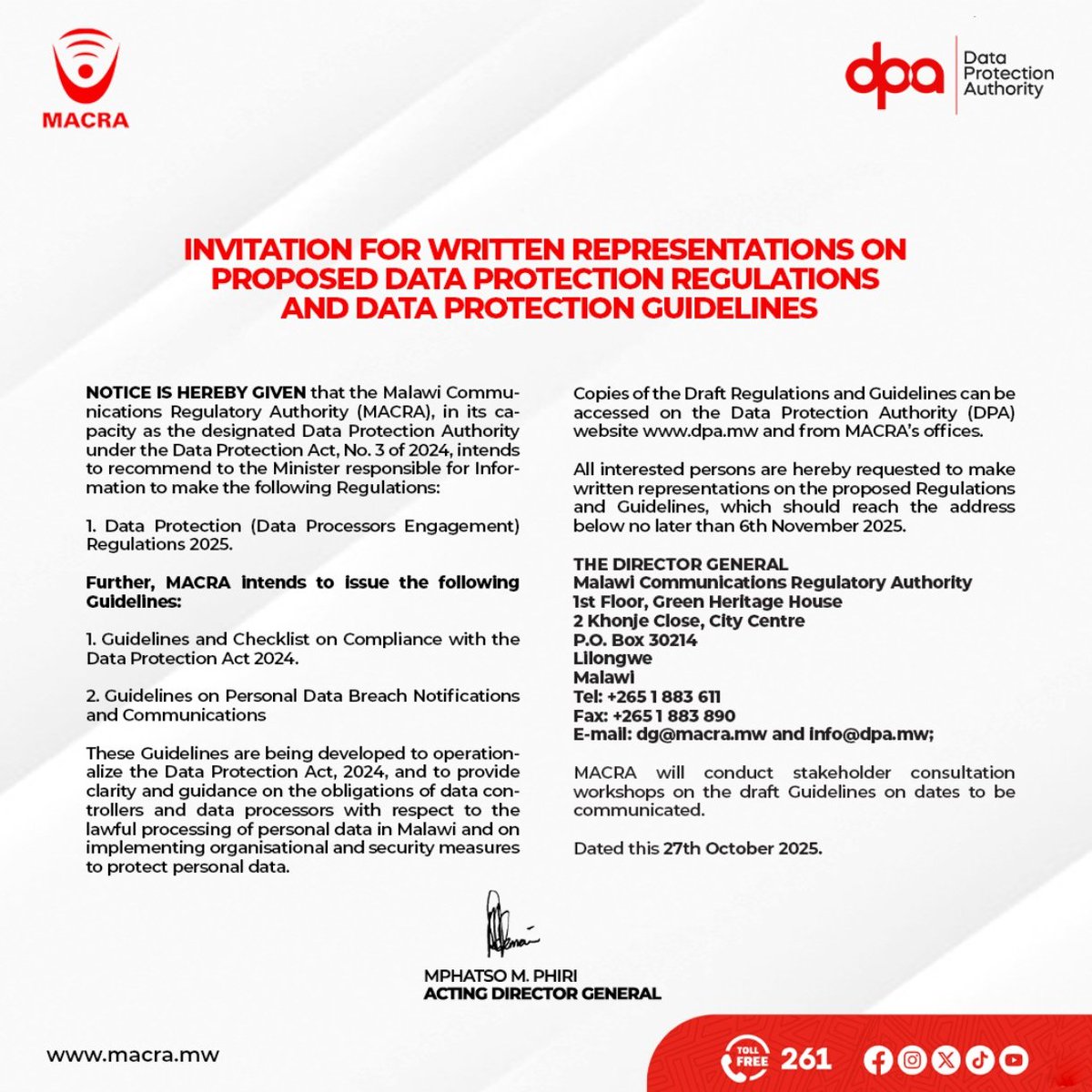 MACRAMALAWI's tweet image. MACRA’s Data Protection Authority invites you to share your views on the proposed Data Protection Regulations &amp;amp; Guidelines on:👉 dpa.mw

#DataProtectionAuthoritymw 
#MACRA 
#DigitallyTransformedMalawi
#261TollFree