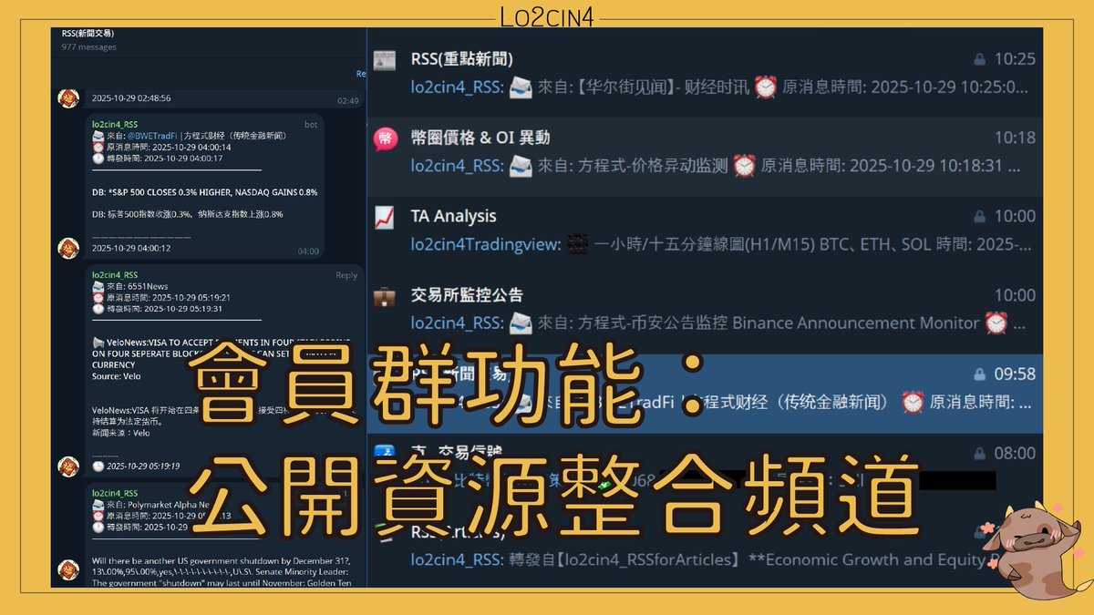 刚刚修好了实时转发bot ，把有用的交易频道资讯都整合在会员群内了。 TG上有大量提供免费交易信息的公开频道。 例如6551 news 的新闻 几乎是最快的，方程式新闻亦有提供各大币圈交易所的公告和价格异动监控，不用自己建轮子。 除此之外，还有各种公开但又没人留意的量化 ...