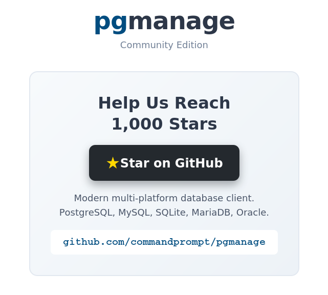 Your database client should work as hard as you do.
PgManage delivers SQL autocompletion, query plan visualization, ER diagrams, real-time monitoring, and more. 

All in a modern, multi-platform interface.

⭐Help us reach 1K stars: 
github.com/commandprompt/…

#OpenSource