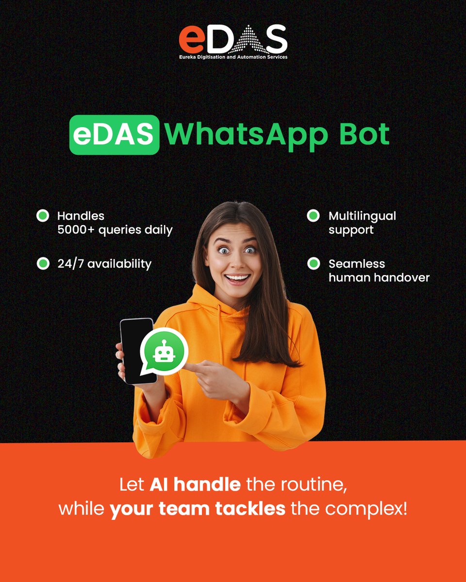 eDAS_Automation's tweet image. Our WhatsApp Bot handles 5000+ customer queries daily, freeing up your team for complex tasks. Boost your efficiency with eDAS WhatsApp automation.

Lets Connect: edas.tech/digital-produc…

#WhatsAppBot #EnterpriseAutomation #CustomerServiceAI #AIChatbot #CustomerSupportSoftware