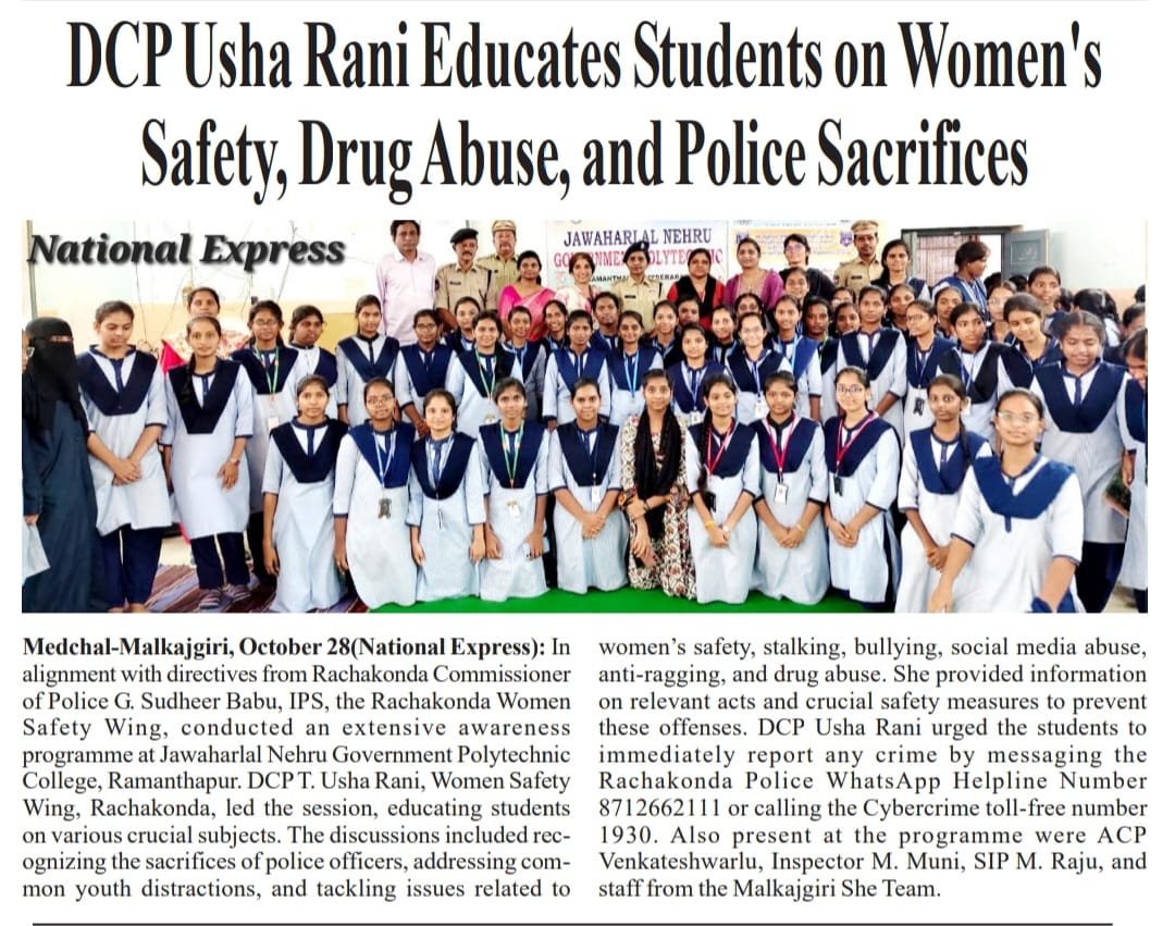 MalkajgiriCop's tweet photo. 👮‍♀️ In view of the #PoliceCommemorationDay Celebrations, Smt. T. Usha Rani, DCP Women Safety, #Rachakonda, conducted an awareness session at Jawaharlal Nehru Government Polytechnic College, Ramanthapur, and addressed students on #WomenSafety, #AntiRagging, #CyberAwareness, & #DrugAbuse, highlighting the sacrifices of police personnel and the importance of staying safe and vigilant.

#RachakondaPolice #AwarenessProgramme #SafetyFirst