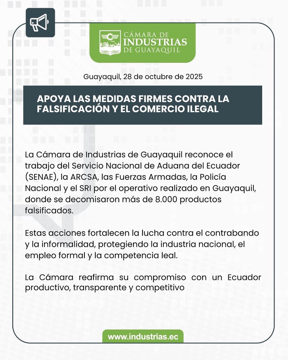 La Cámara de Industrias de Guayaquil respalda las acciones firmes de las autoridades contra el contrabando, la falsificación y la informalidad.
Estos esfuerzos protegen el empleo formal, la producción nacional y la competencia justa.
#IndustriaSegura #EcuadorProductivo