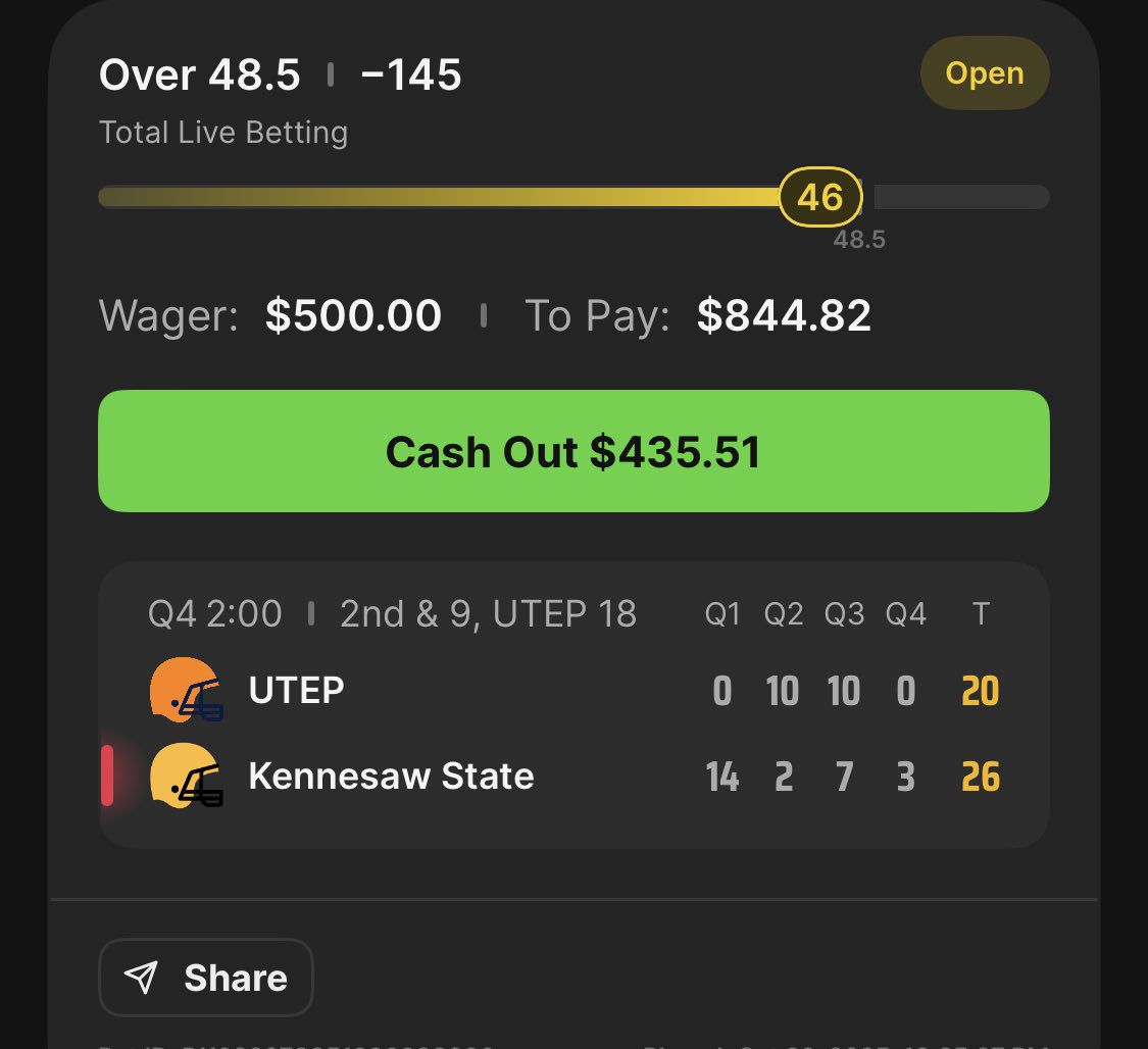 Sniped this faulty line after the Pass Interference for 10U

Guess I’ll take it 

Math says they kick a FG or score a TD. So I’m laying -145 for the kicker to hit a field goal 

I mean unless the coach is an idiot and goes for it on 4th