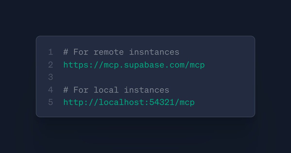 dshukertjr's tweet image. Have you already tried the new Supabase remote MCP server?

You can now just drop in our MCP URL to start using the Supabase MCP! 

It&apos;s more secure, and it supports working with your local instance, accelerating building out your backend even more!